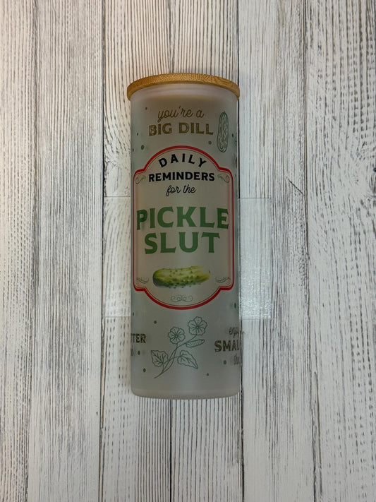Pickle Slut Glass Cup | Funny Iced Coffee Tumbler | Pickle Girl Gift | Vinegar Lover Cup | Trendy Glass Can with Lid and Straw