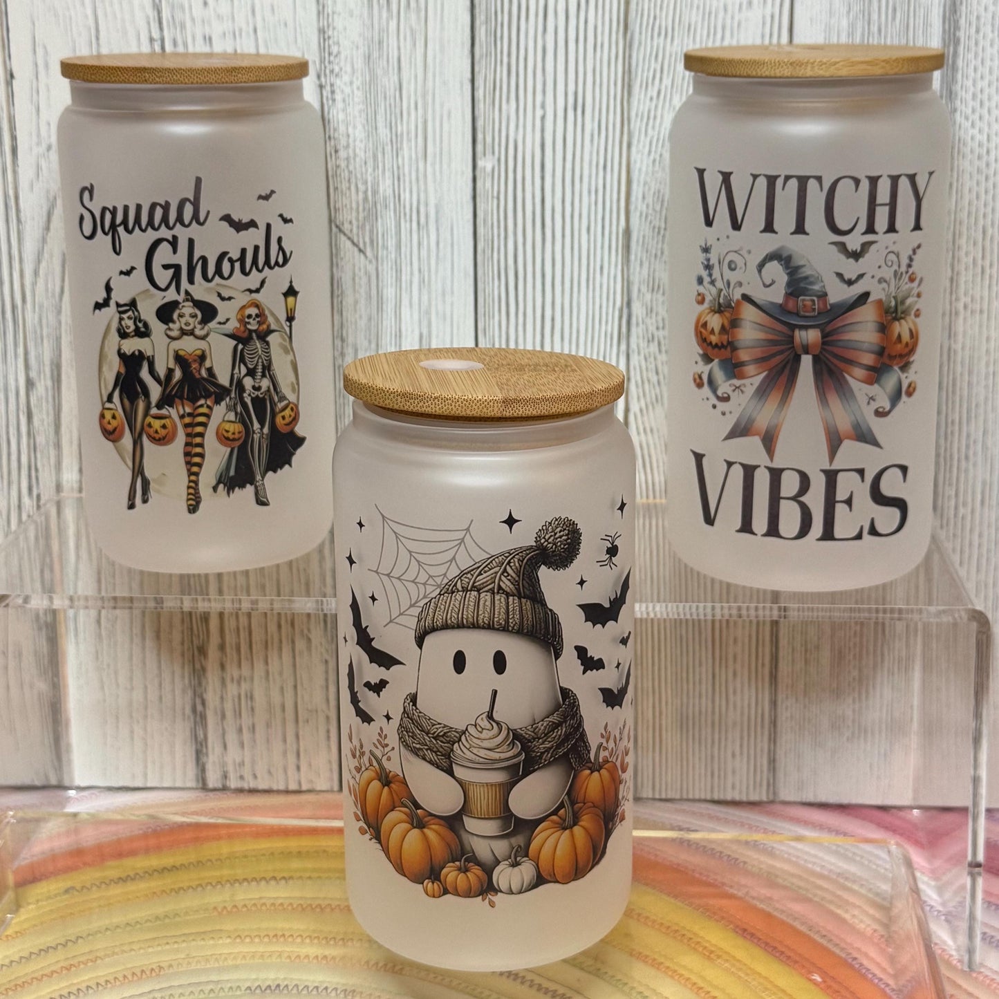 Halloween Frosted Glass Can Cup: Spooky Season Iced Coffee Tumbler