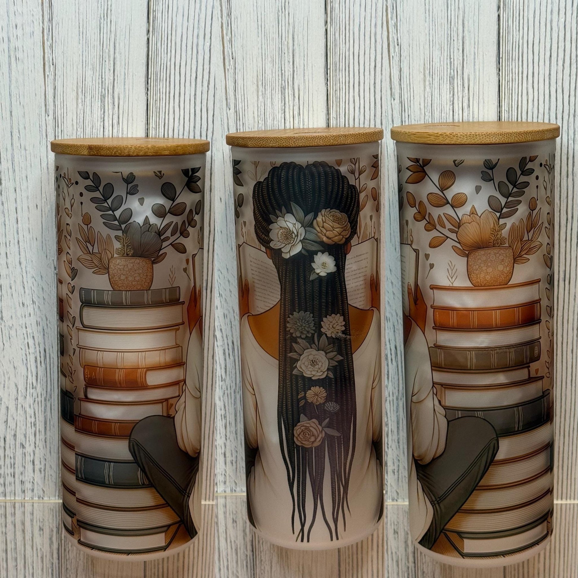 Black Girl Reading Glass Cup: Book Lover Iced Coffee Cup with Lid & Straw