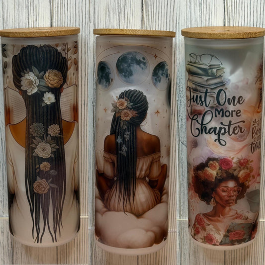 Black Girl Reading Glass Cup: Book Lover Iced Coffee Cup with Lid & Straw