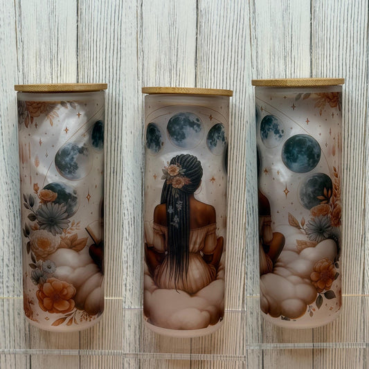 Black Girl Reading Glass Cup: Book Lover Iced Coffee Cup with Lid & Straw