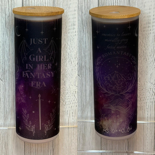 Fantasy Reader Glass Cup: Bookish Iced Coffee Tumbler with Lid & Straw