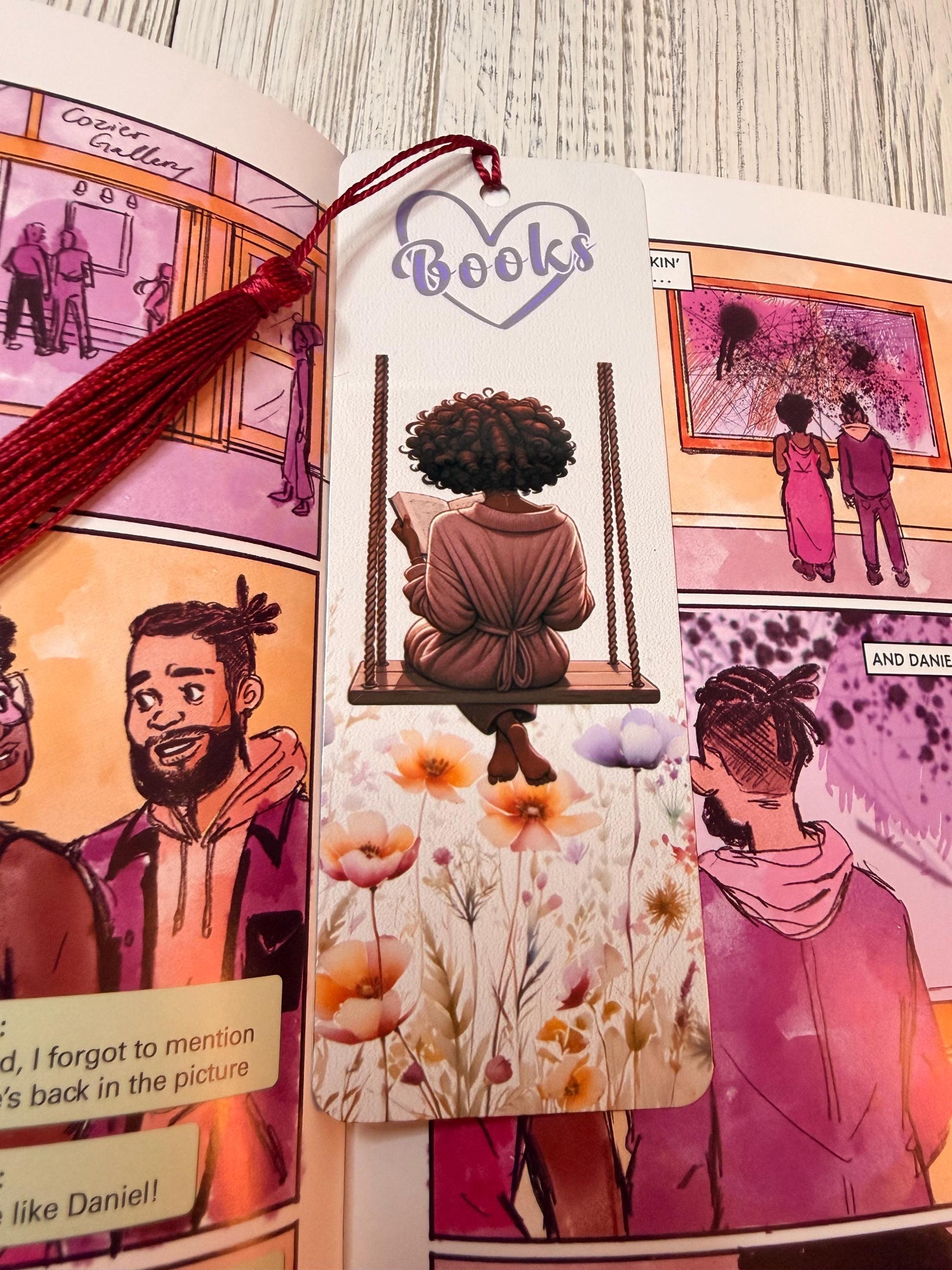 I Love Books Metal Bookmark | Black Woman Reading on Swing | Floral Sublimated Bookmark with Tassel | Bookish Gift