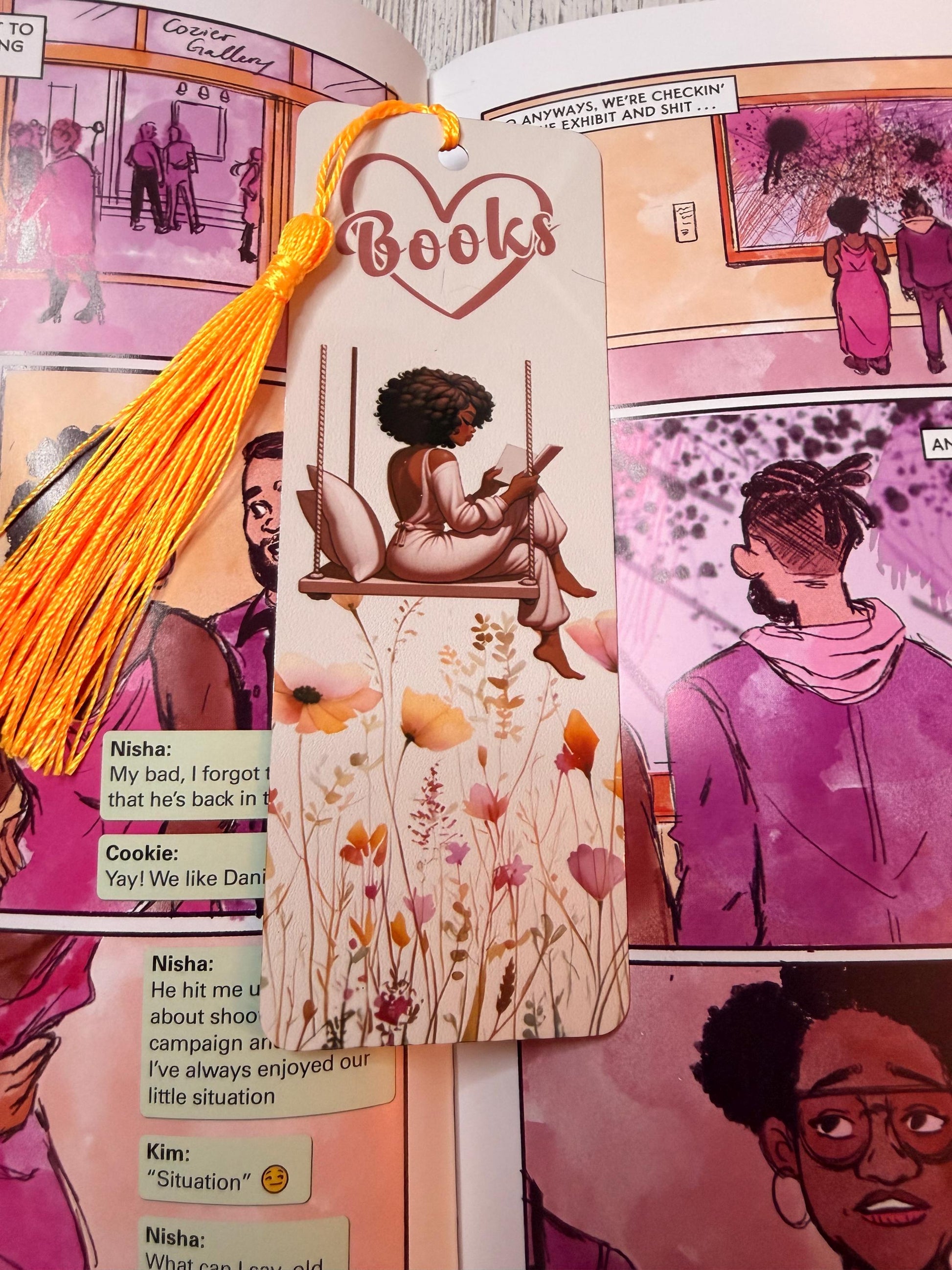 I Love Books Metal Bookmark | Black Woman Reading on Swing | Floral Sublimated Bookmark with Tassel | Bookish Gift