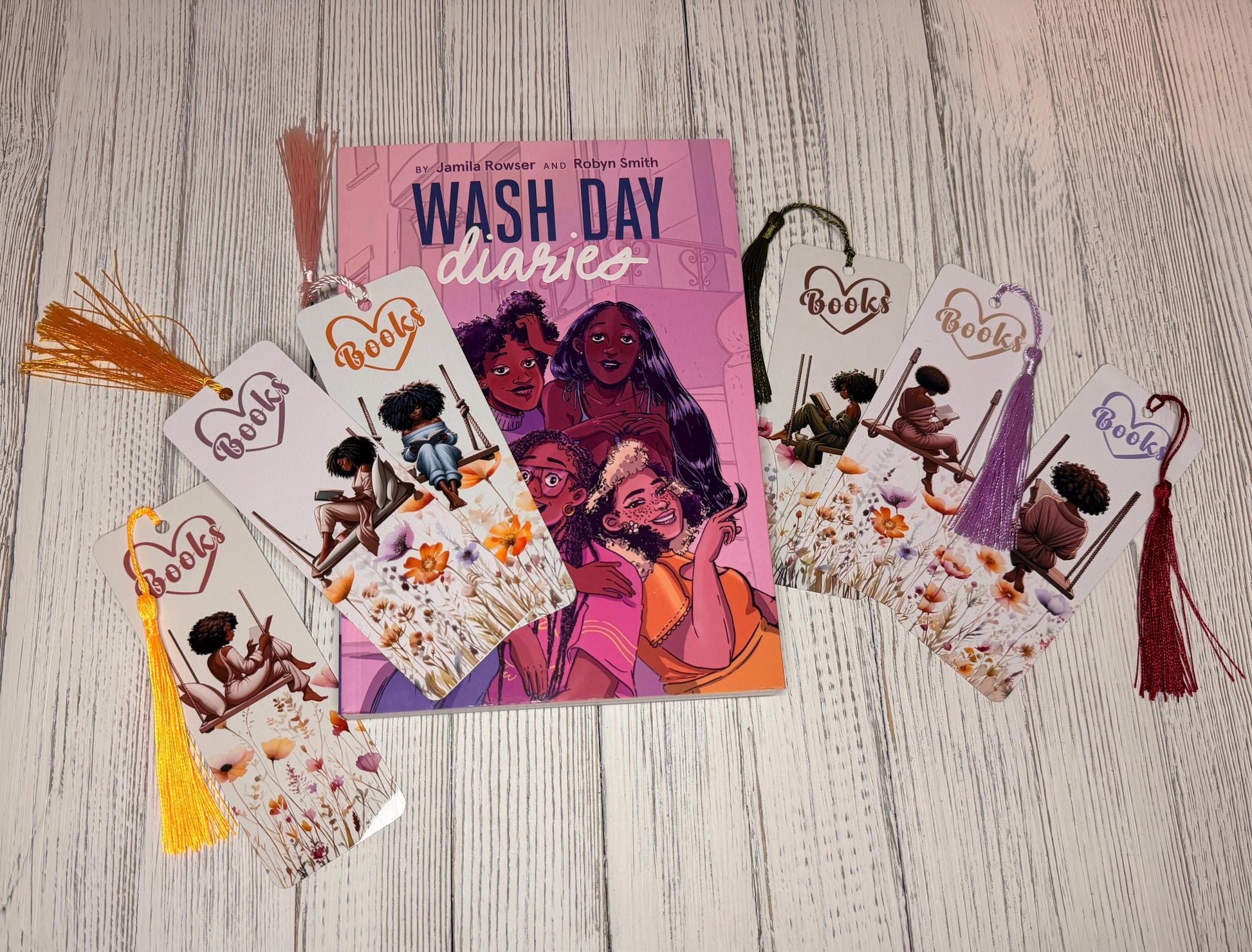 I Love Books Metal Bookmark | Black Woman Reading on Swing | Floral Sublimated Bookmark with Tassel | Bookish Gift