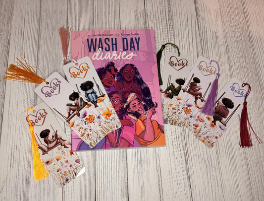 I Love Books Metal Bookmark | Black Woman Reading on Swing | Floral Sublimated Bookmark with Tassel | Bookish Gift