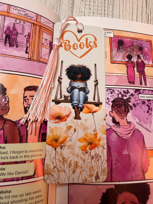 I Love Books Metal Bookmark | Black Woman Reading on Swing | Floral Sublimated Bookmark with Tassel | Bookish Gift