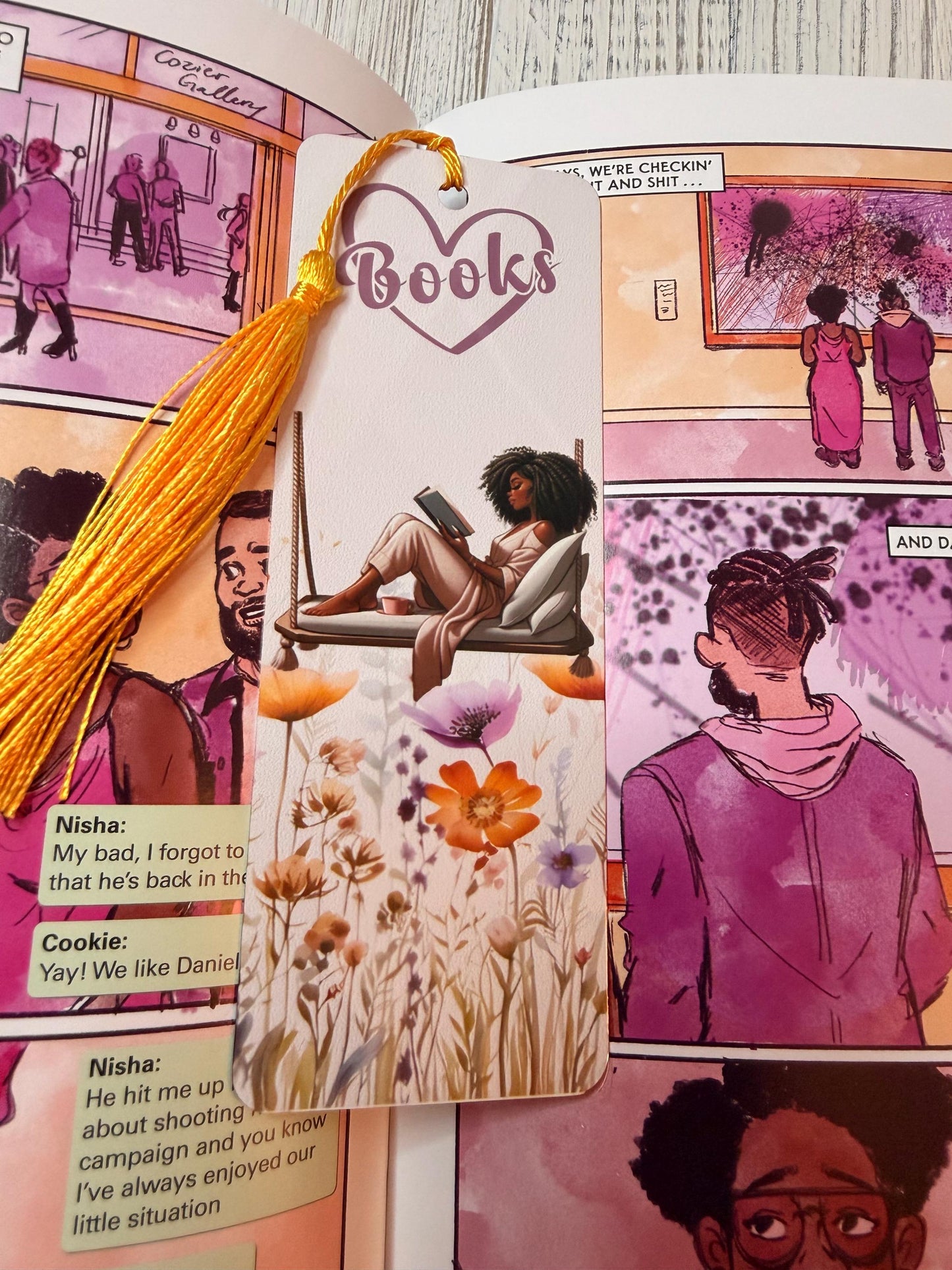 I Love Books Metal Bookmark | Black Woman Reading on Swing | Floral Sublimated Bookmark with Tassel | Bookish Gift