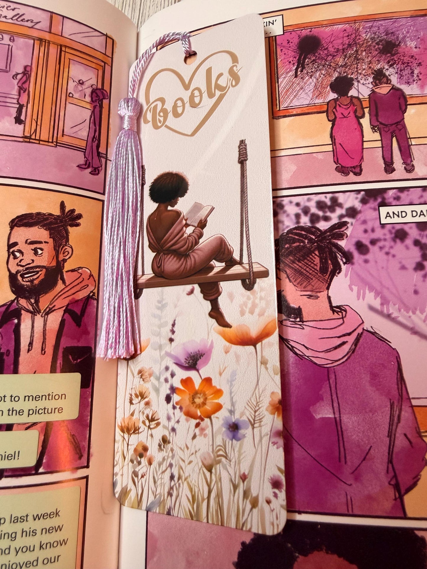 I Love Books Metal Bookmark | Black Woman Reading on Swing | Floral Sublimated Bookmark with Tassel | Bookish Gift