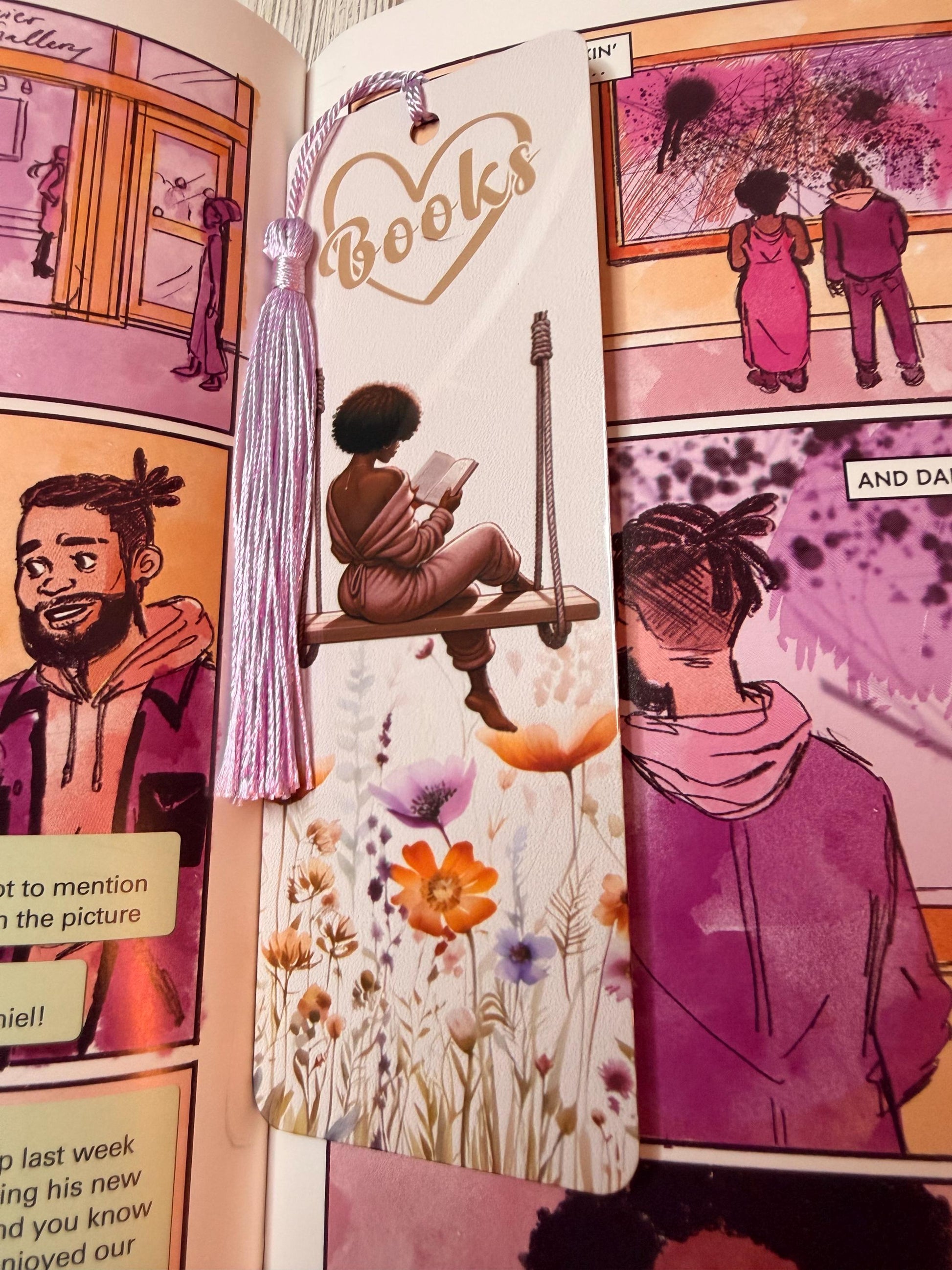 I Love Books Metal Bookmark | Black Woman Reading on Swing | Floral Sublimated Bookmark with Tassel | Bookish Gift