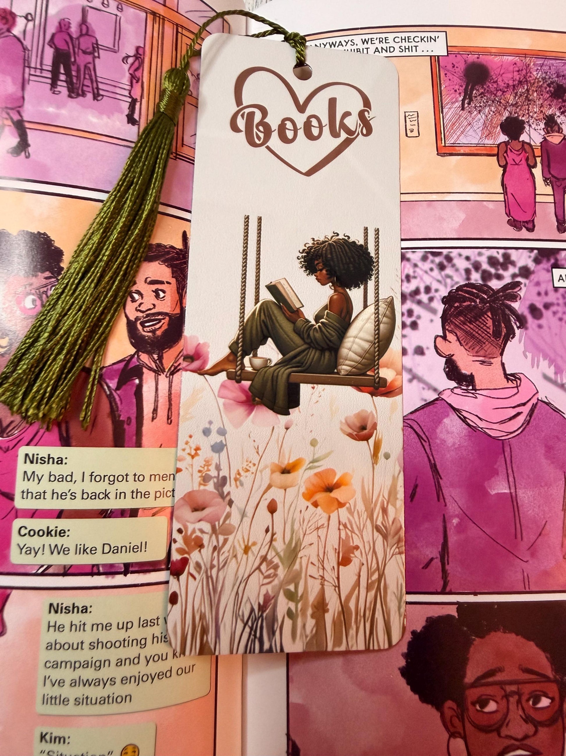 I Love Books Metal Bookmark | Black Woman Reading on Swing | Floral Sublimated Bookmark with Tassel | Bookish Gift